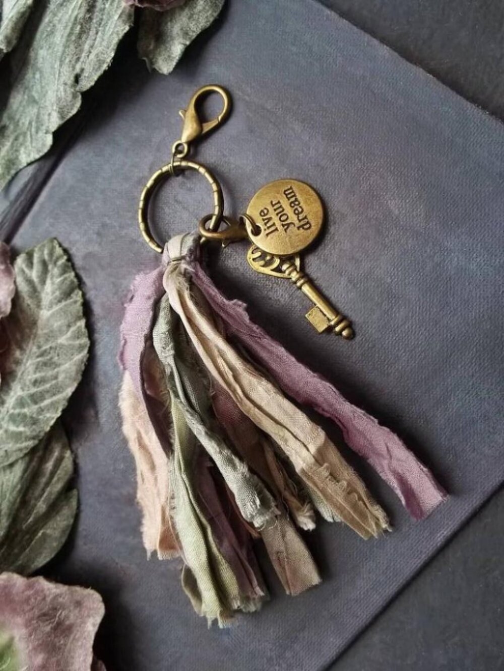 Handmade Boho Sari Silk Tassel Keychain Live Your Dream Quote Charm Bag 2 in 1
